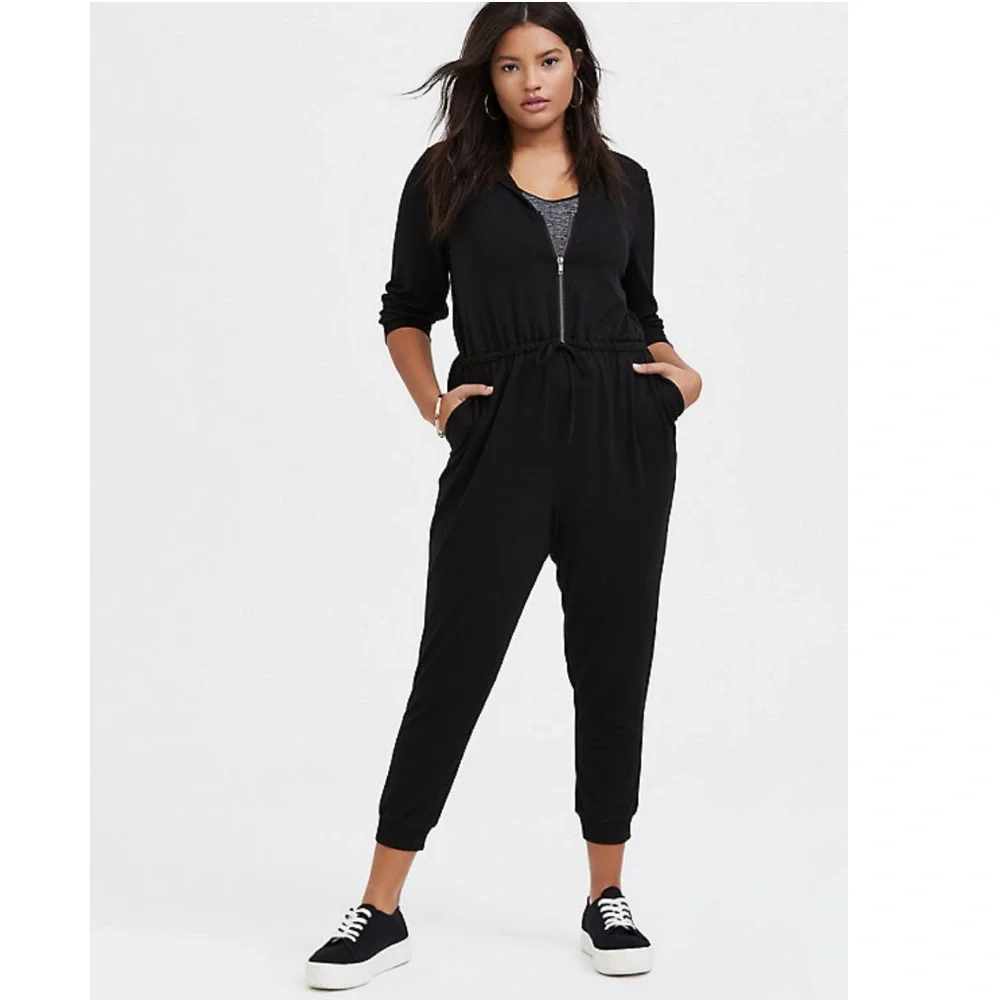 Torrid BLACK TERRY ZIP FRONT HOODED JUMPSUIT - Picture 1 of 11